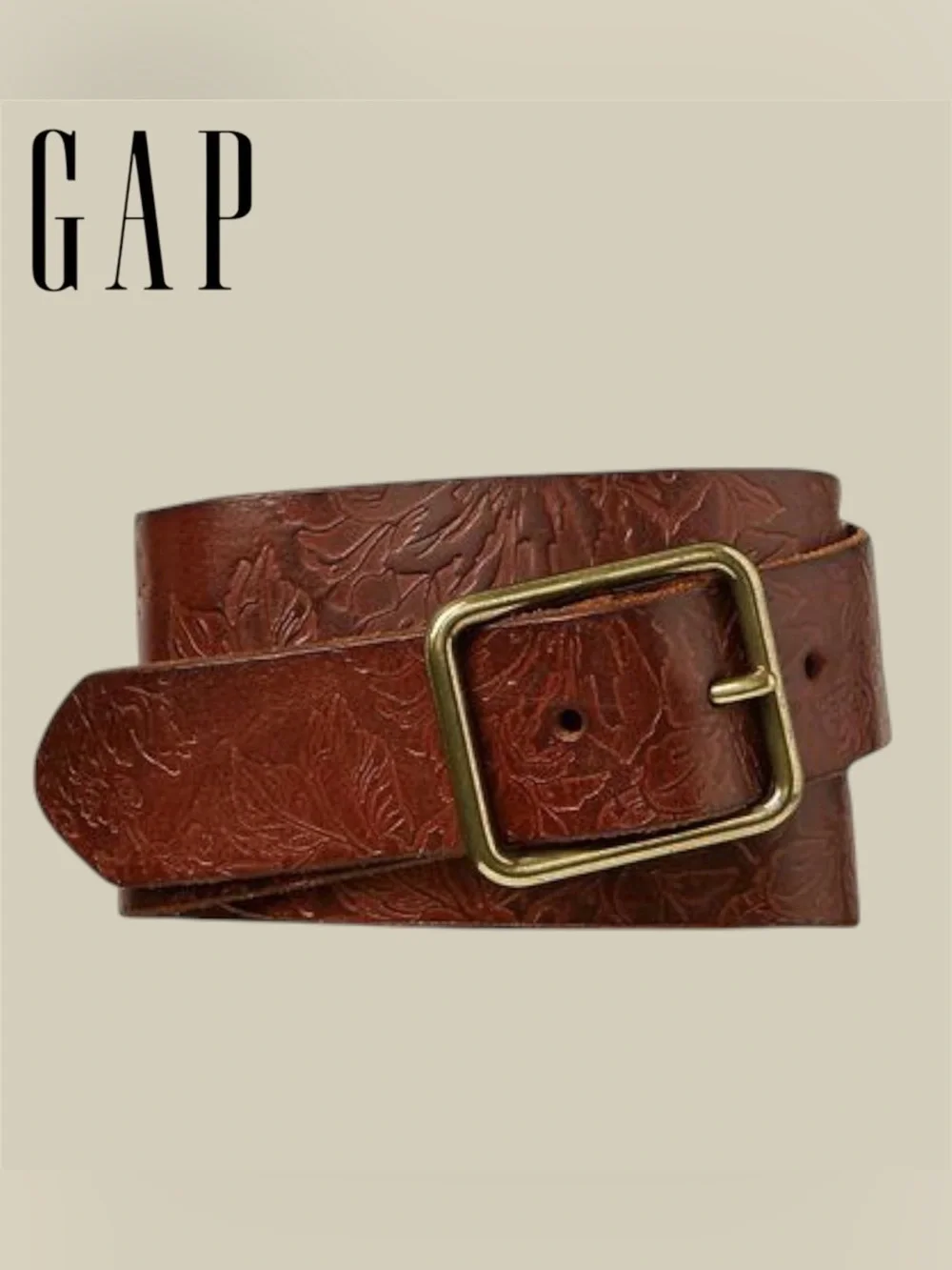 🛍️SALE🛍️ GAP Women's Floral Embossed Genuine Leather Belt with Brass-Tone Buckle - Picture 1 of 12